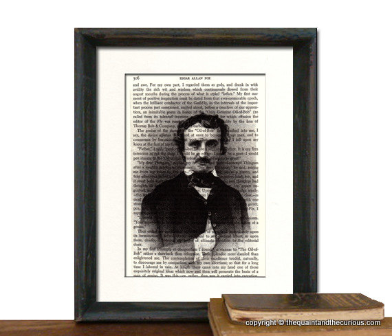Edgar Allan Poe Art Print Portrait On Vintage Poe Book Page - Gift Present - Home Office Decor - Matted