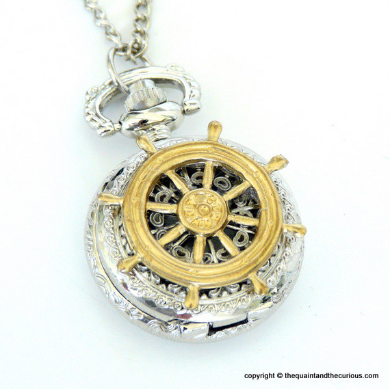 Nautical Pocket Watch Locket Necklace - Ships Wheel - Silver Gold ...